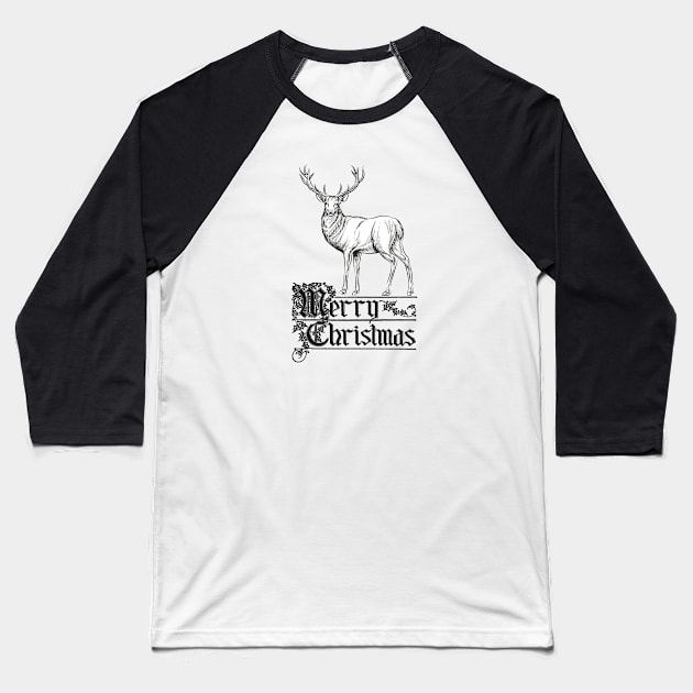 Merry Christmas with Deer Vintage Look Baseball T-Shirt by Biophilia